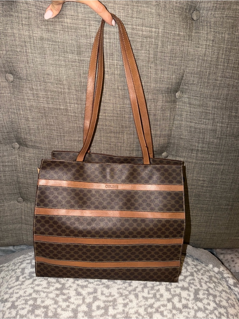Vintage CELINE Macadam Monogram Large Tote Shoulder Bag Brown Tan